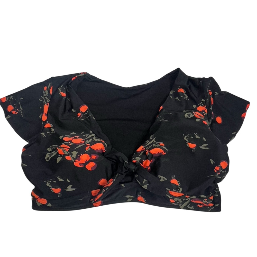 Cocoship Black and Orange Floral Tie-Front Swim Top - Picture 2 of 8